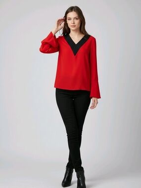 Red V-Neck Blouse with Black Trim